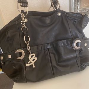 B MAKOWSKY Black Leather Tote Satchel Handbag w/Leopard Print Interior.